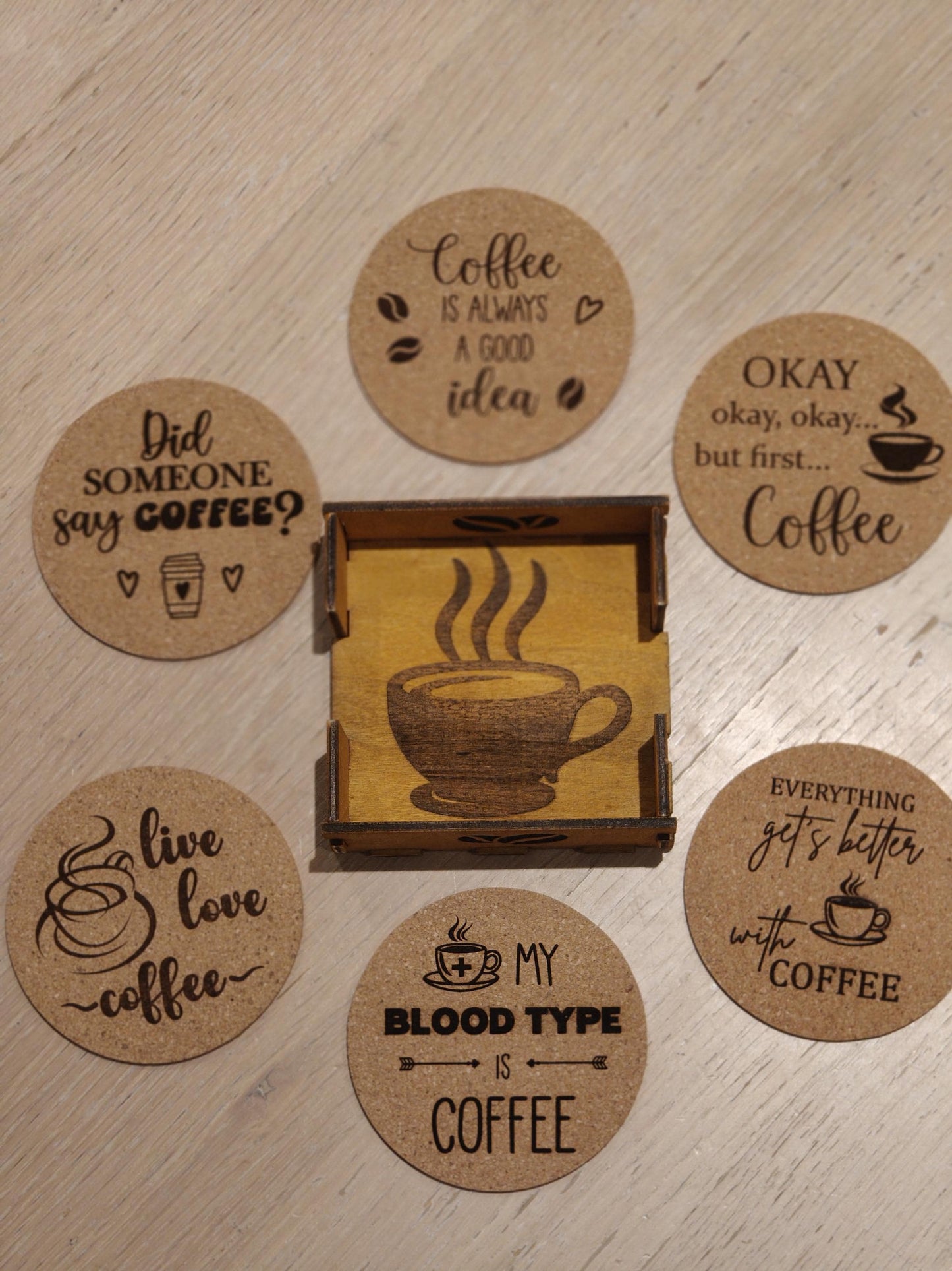 Engraved Cork Coffee Coaster Set with Wooden Holder: Funny Coffee Quotes