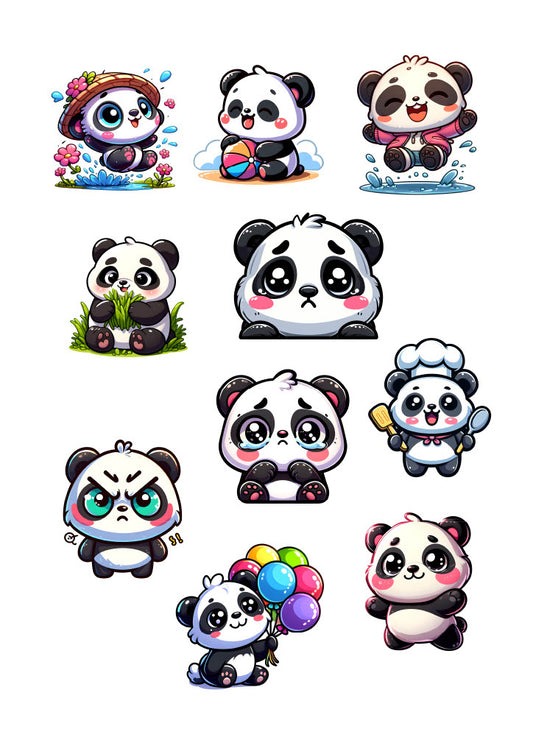 Cute Panda Sticker Pack – 10 Waterproof Sublimation Stickers | Kids Gift, Water Bottle & Laptop Stickers, Kawaii Panda Art