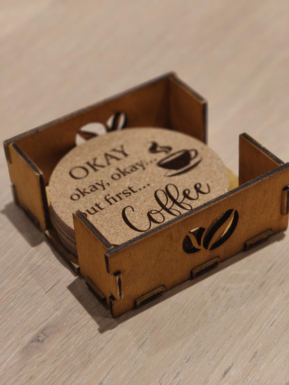 Engraved Cork Coffee Coaster Set with Wooden Holder: Funny Coffee Quotes