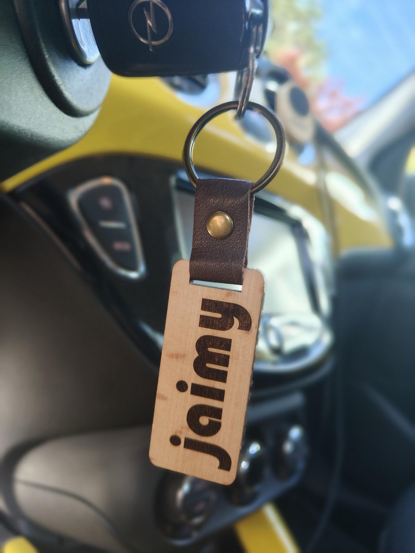 Handmade Wooden Keychain: Personalized Engraved Leather Strap
