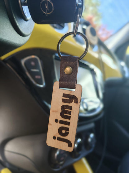 Handmade Wooden Keychain: Personalized Engraved Leather Strap