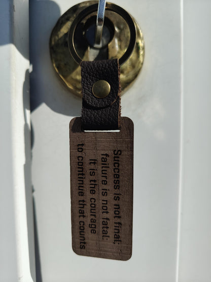 Handmade Wooden Keychain: Personalized Engraved Leather Strap