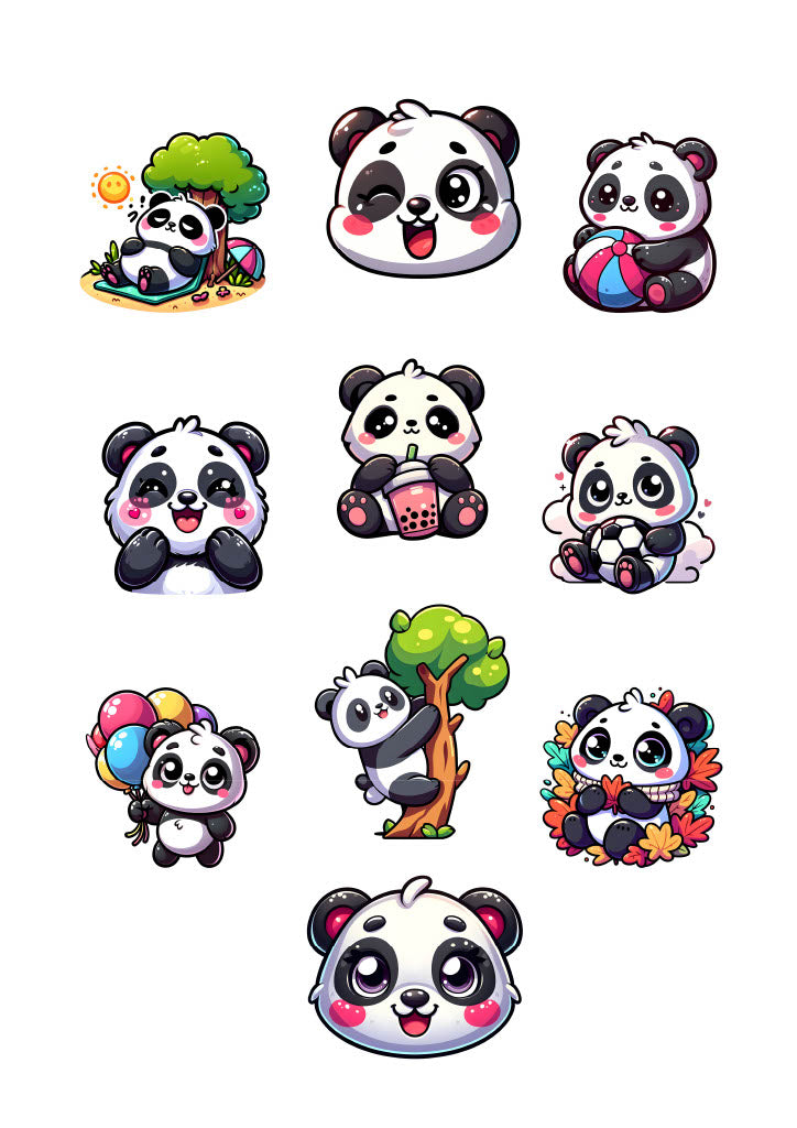 Cute Panda Sticker Pack – 10 Waterproof Sublimation Stickers | Kids Gift, Water Bottle & Laptop Stickers, Kawaii Panda Art