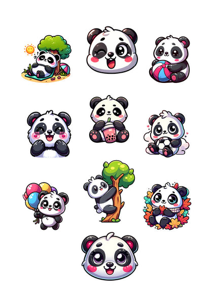 Cute Panda Sticker Pack – 10 Waterproof Sublimation Stickers | Kids Gift, Water Bottle & Laptop Stickers, Kawaii Panda Art