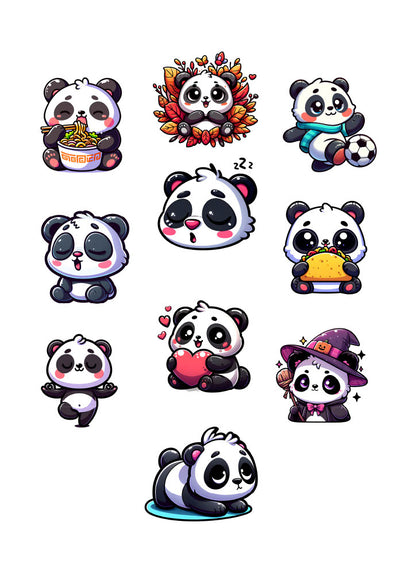 Cute Panda Sticker Pack – 10 Waterproof Sublimation Stickers | Kids Gift, Water Bottle & Laptop Stickers, Kawaii Panda Art