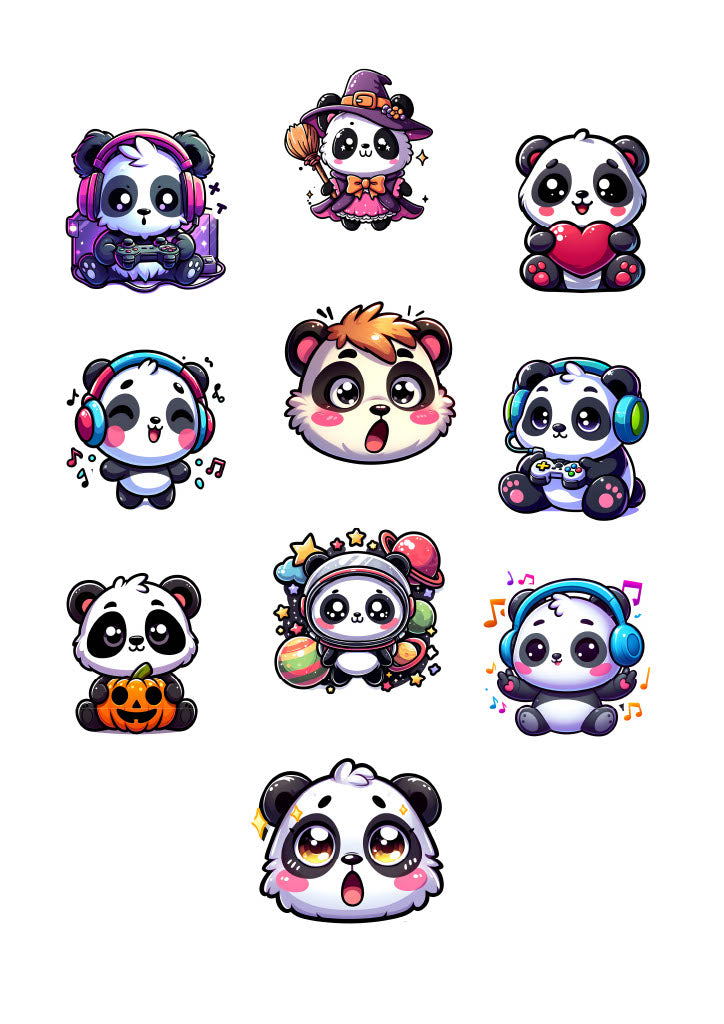 Cute Panda Sticker Pack – 10 Waterproof Sublimation Stickers | Kids Gift, Water Bottle & Laptop Stickers, Kawaii Panda Art