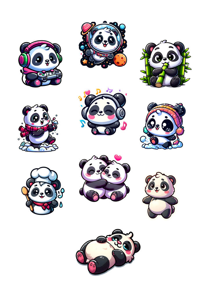 Cute Panda Sticker Pack – 10 Waterproof Sublimation Stickers | Kids Gift, Water Bottle & Laptop Stickers, Kawaii Panda Art
