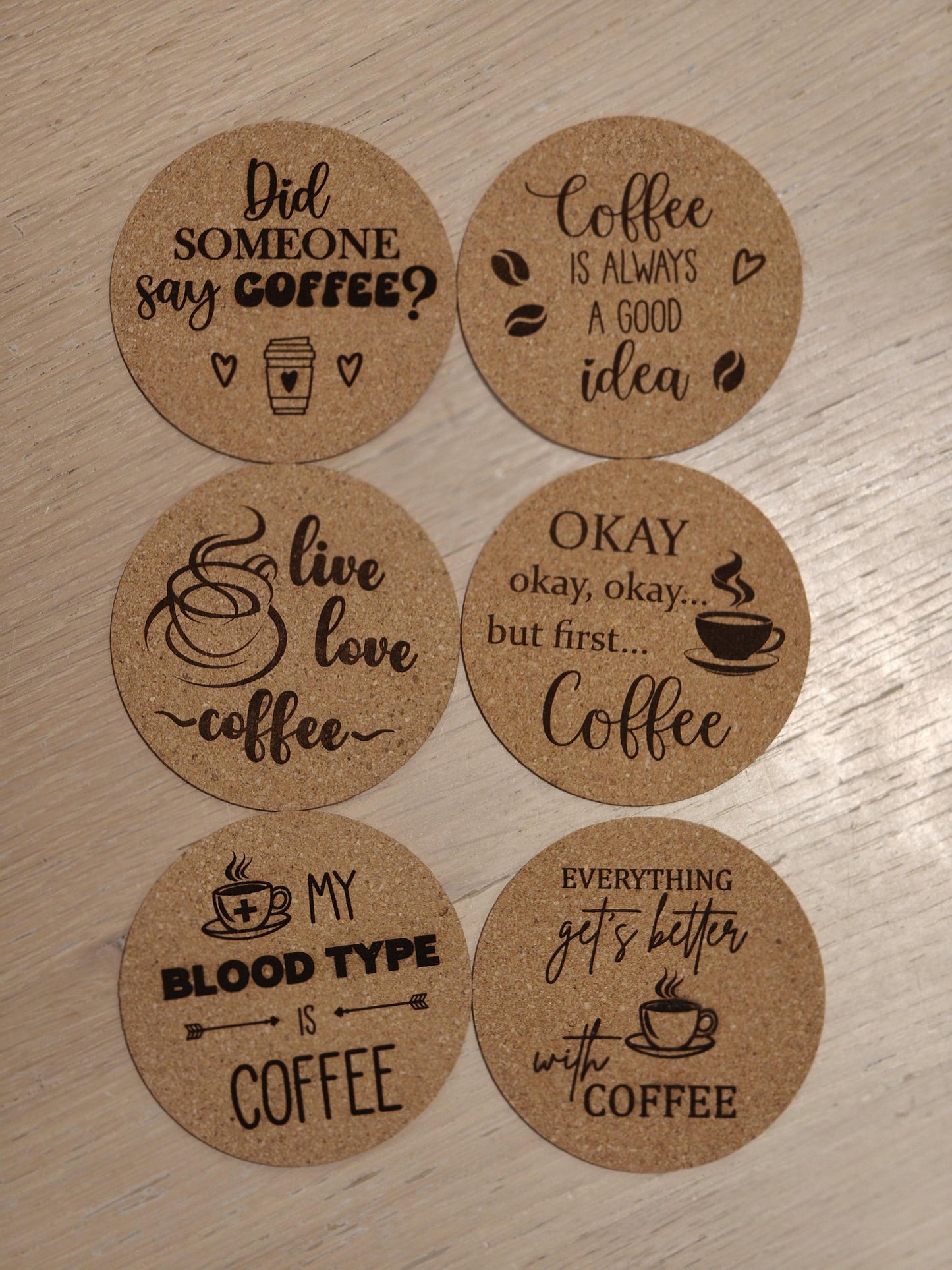 Engraved Cork Coffee Coaster Set with Wooden Holder: Funny Coffee Quotes