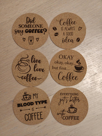 Engraved Cork Coffee Coaster Set with Wooden Holder: Funny Coffee Quotes