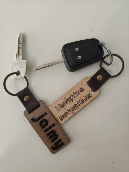 Handmade Wooden Keychain: Personalized Engraved Leather Strap