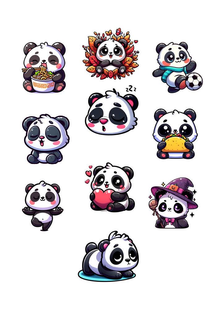 Panda Sticker Pack – 10 Waterproof Sublimation Stickers | Kawaii Panda