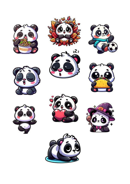 Panda Sticker Pack – 10 Waterproof Sublimation Stickers | Kawaii Panda