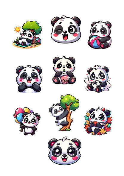 Panda Sticker Pack – 10 Waterproof Sublimation Stickers | Kawaii Panda
