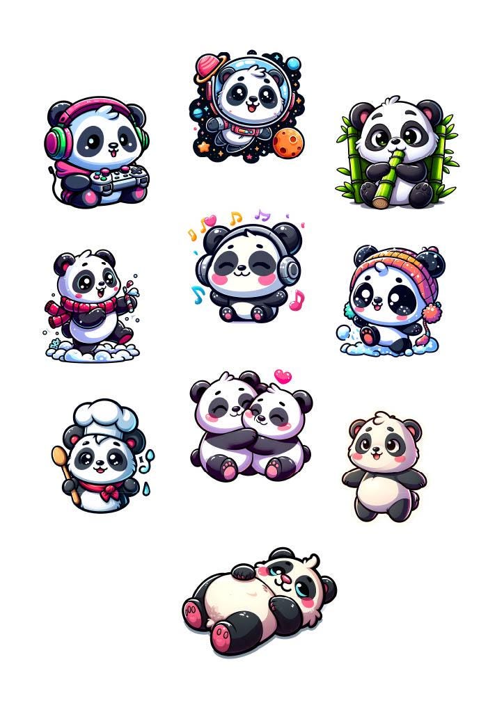 Panda Sticker Pack – 10 Waterproof Sublimation Stickers | Kawaii Panda