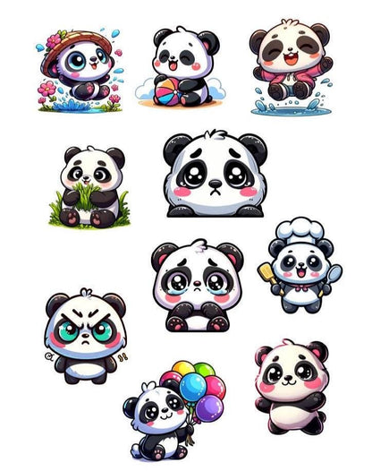 Panda Sticker Pack – 10 Waterproof Sublimation Stickers | Kawaii Panda