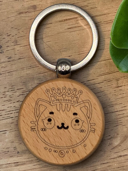 Laser Engraved Wooden Cat Keychain – Kawaii Charm for Cat Lovers