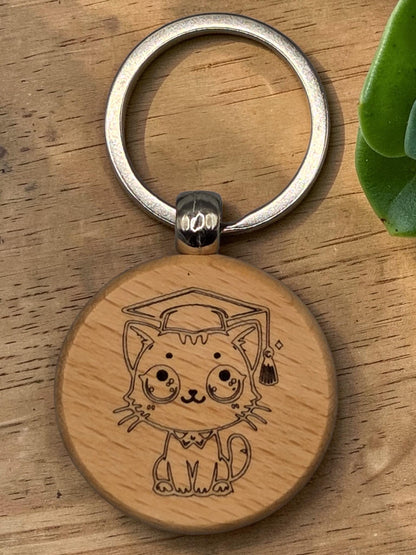Laser Engraved Wooden Cat Keychain – Kawaii Charm for Cat Lovers
