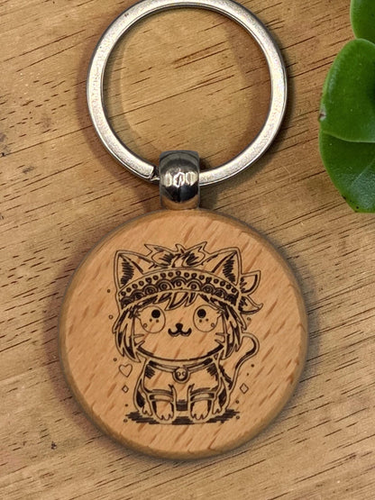 Laser Engraved Wooden Cat Keychain – Kawaii Charm for Cat Lovers