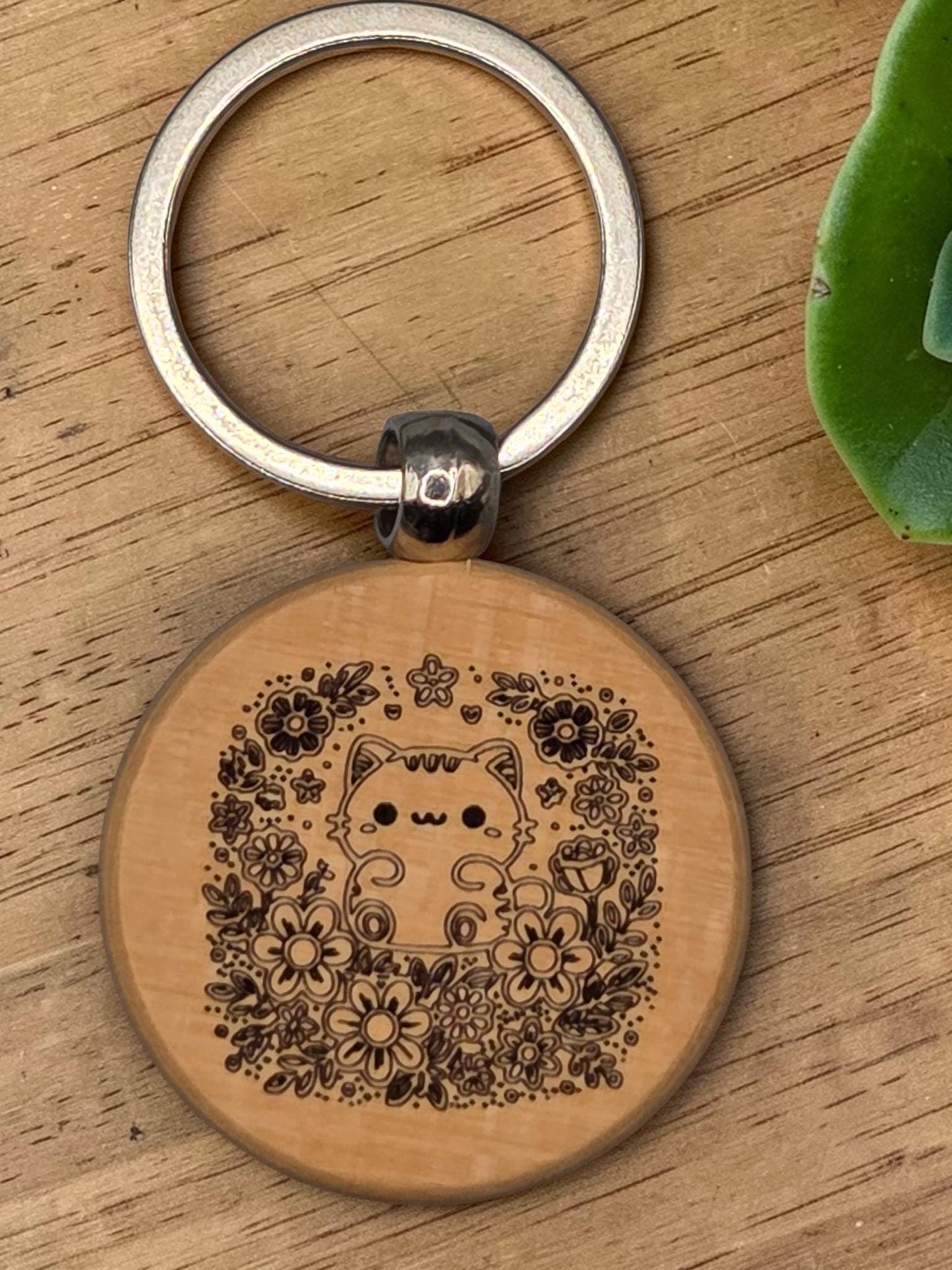 Laser Engraved Wooden Cat Keychain – Kawaii Charm for Cat Lovers