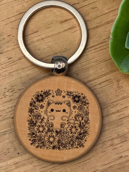 Laser Engraved Wooden Cat Keychain – Kawaii Charm for Cat Lovers