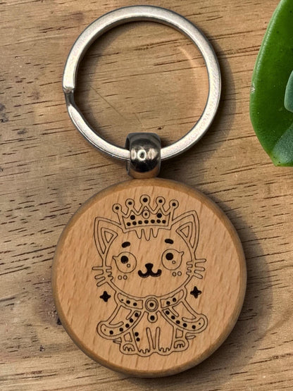Laser Engraved Wooden Cat Keychain – Kawaii Charm for Cat Lovers