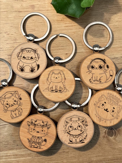Laser Engraved Wooden Cat Keychain – Kawaii Charm for Cat Lovers