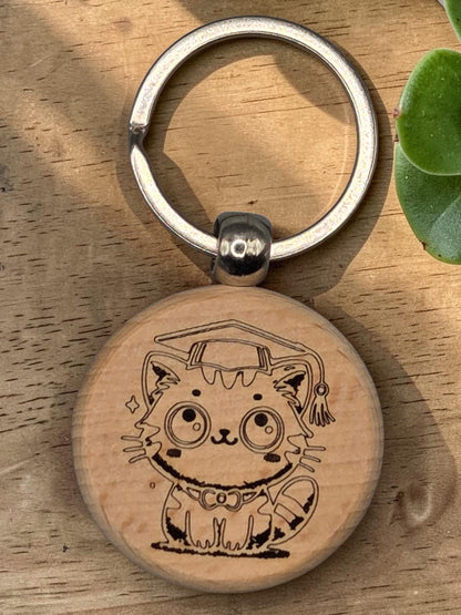 Laser Engraved Wooden Cat Keychain – Kawaii Charm for Cat Lovers