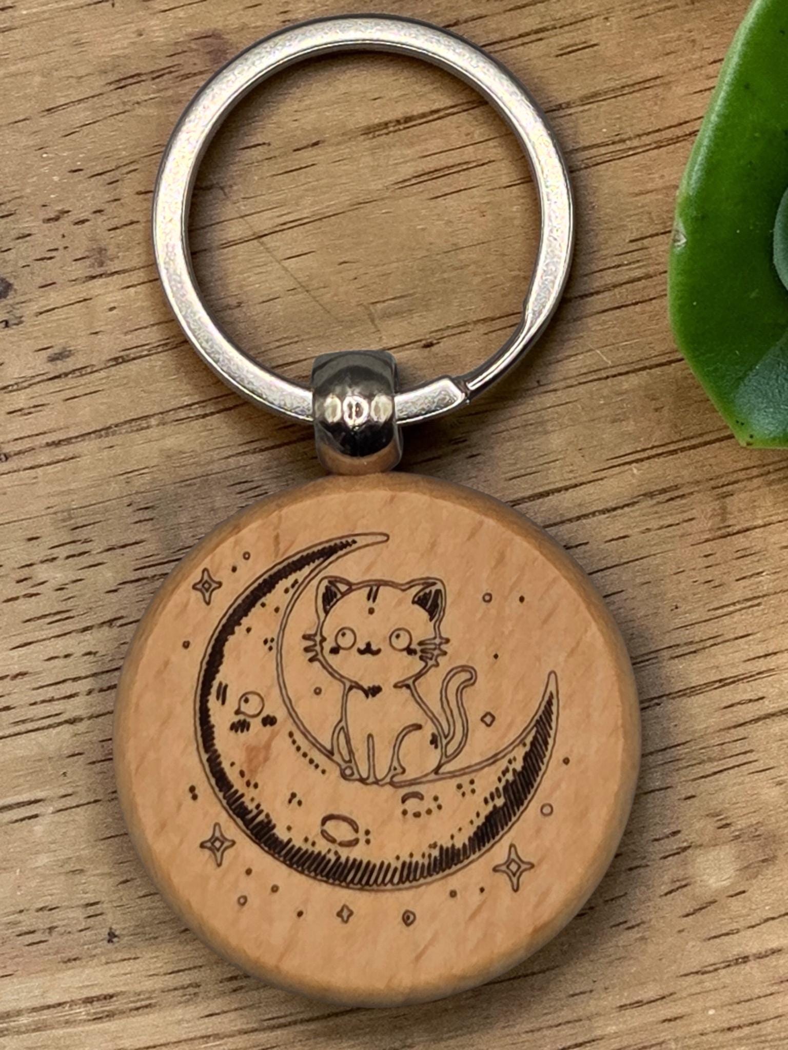Laser Engraved Wooden Cat Keychain – Kawaii Charm for Cat Lovers