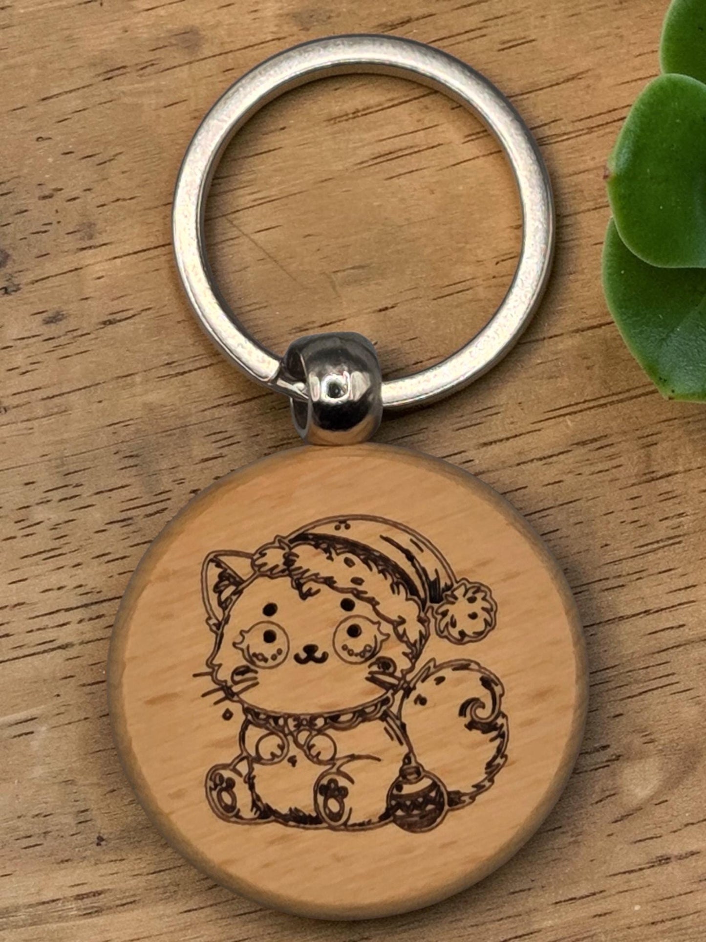 Laser Engraved Wooden Cat Keychain – Kawaii Charm for Cat Lovers