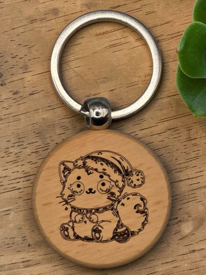 Laser Engraved Wooden Cat Keychain – Kawaii Charm for Cat Lovers