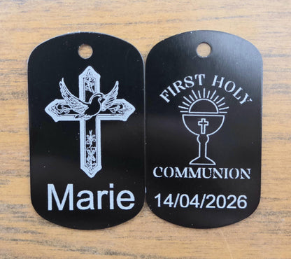 First Communion Gift, Engraved Cross Dog Tag, Personalized Name and Date, Confirmation Keepsake